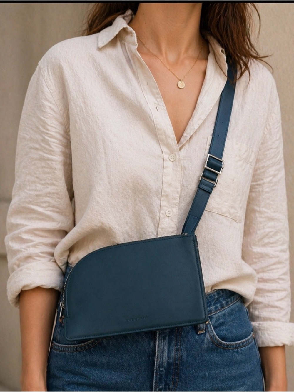 Everlane Italian Leather Crossbody Bag Teal Blue Minimalist Zip Shoulder Bag